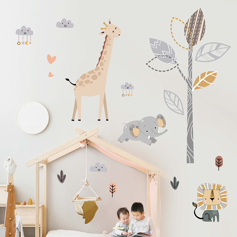 Cartoon Giraffe Elephant Wall Sticker Self Adhesive Cute Decals Creative Kid's Bedroom Wallpaper Children's Decorative Murals