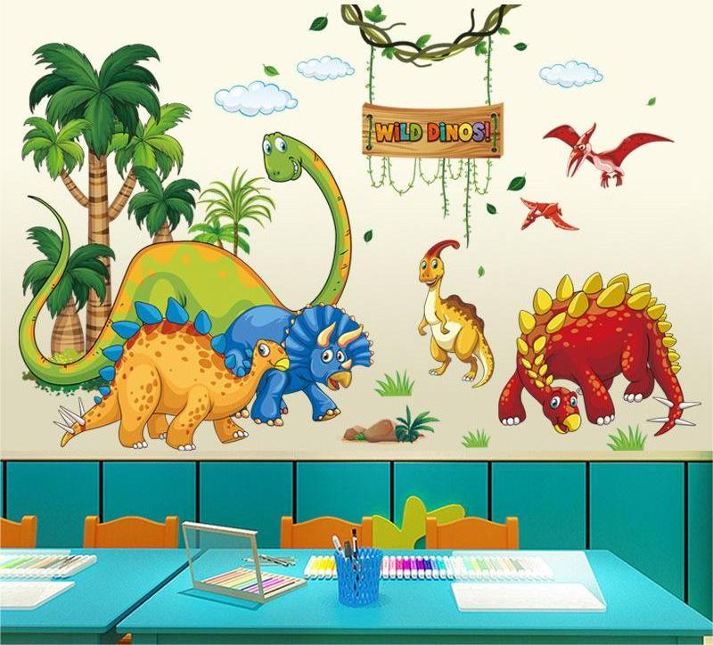 Cartoon animal dinosaur Wall Sticker Stegosaurus pterosaur Triceratops Decals Living Room Decorative Wallpaper