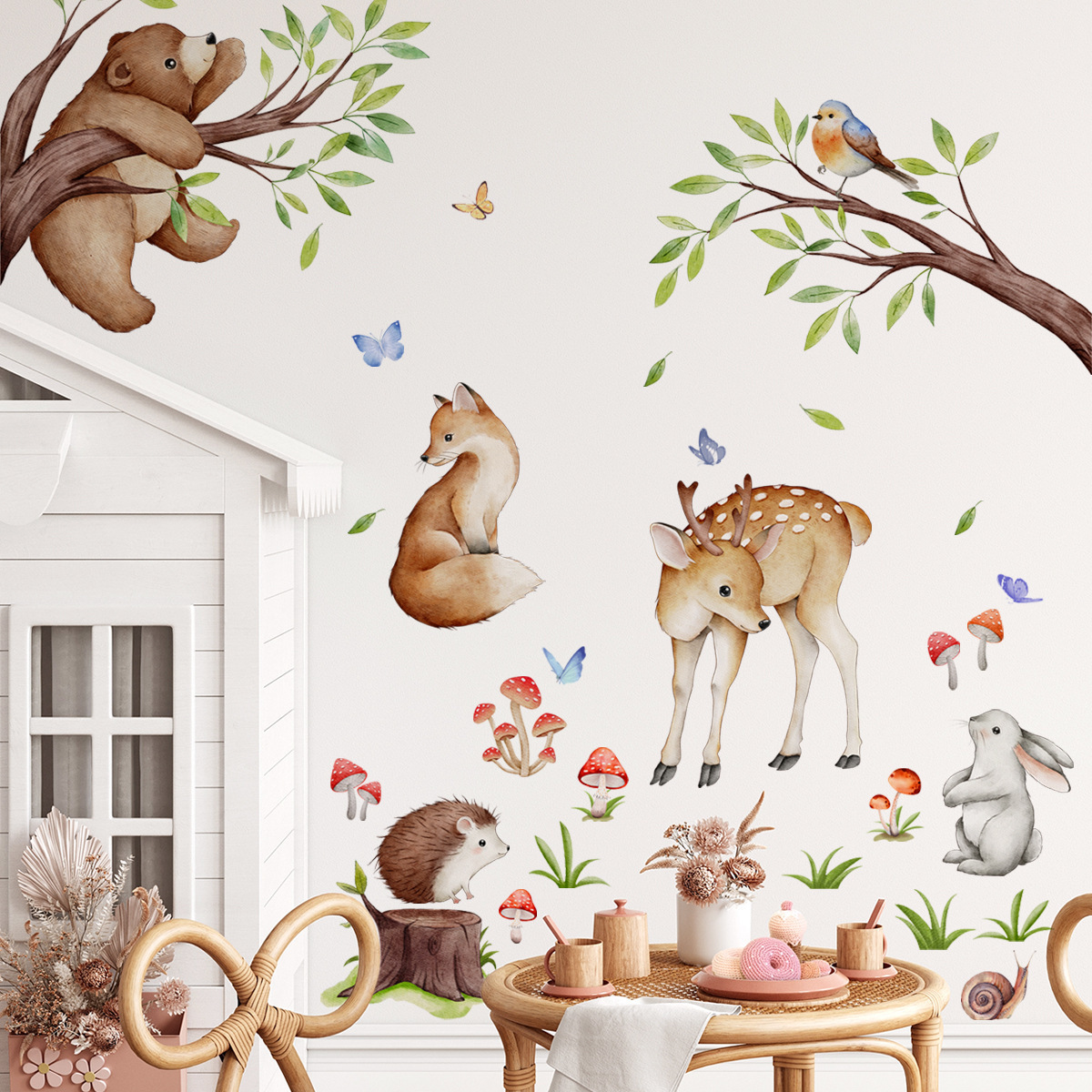 Forest Animal Gathering Wall Sticker Cartoon Bear Deer Rabbit Fox Decals Living Room Decorative Wallpaper