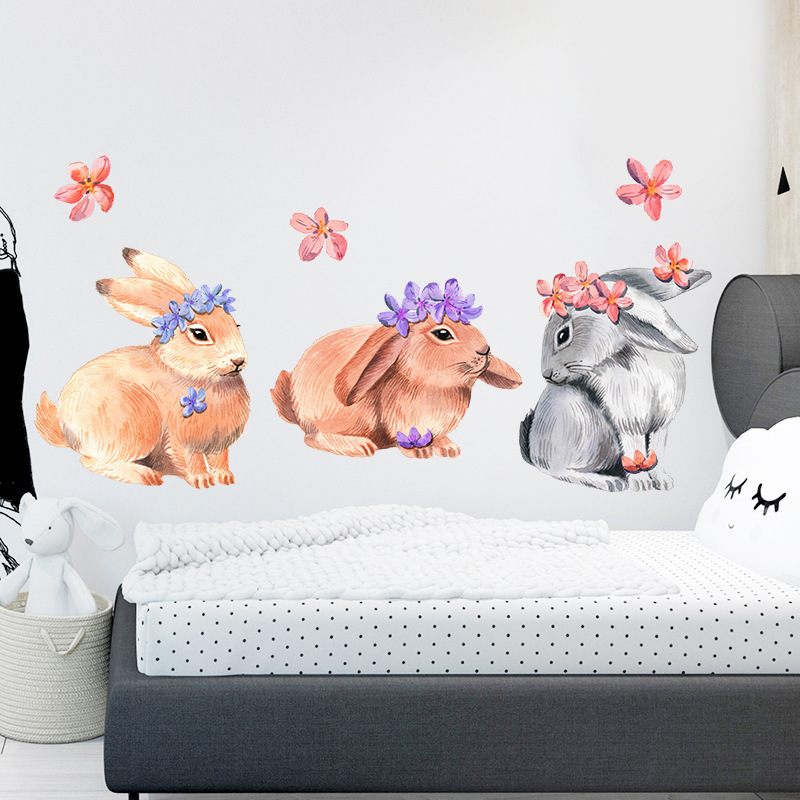 Rabbits With Pink Blue Purple Wreath Wall Stickers Brown And Gray Bunny Colorful Flowers Wallpaper For Baby's Room Decoration