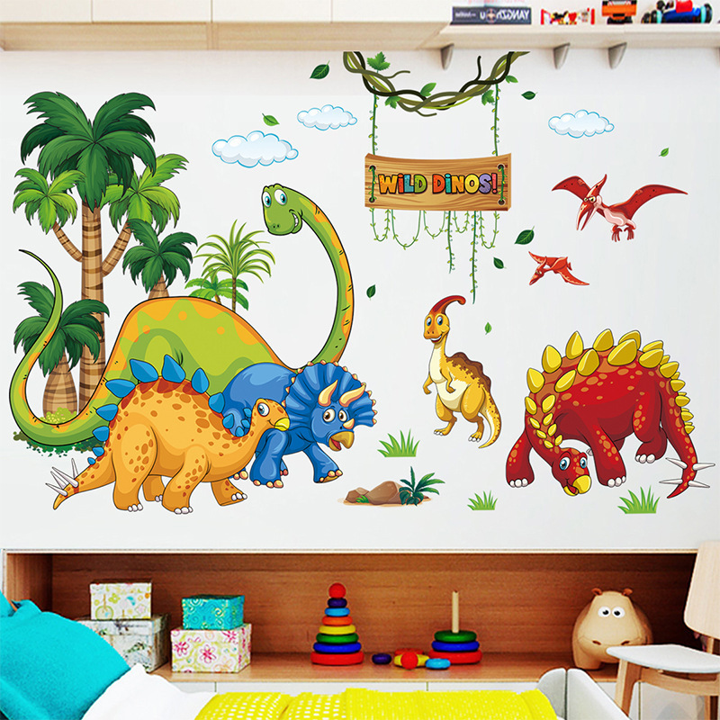 Cartoon animal dinosaur Wall Sticker Stegosaurus pterosaur Triceratops Decals Living Room Decorative Wallpaper