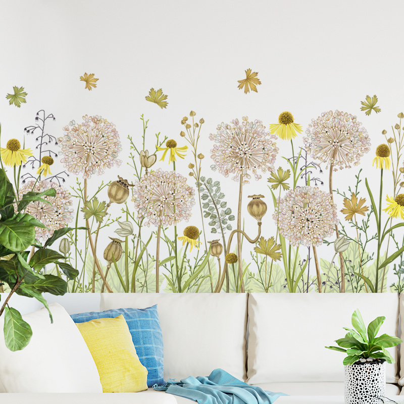 Cute Dandelion With Yellow Small Flowers Wall Sticker Plants Wallpaper Home Decoration For Girl Living Room Bedroom Wall Decal