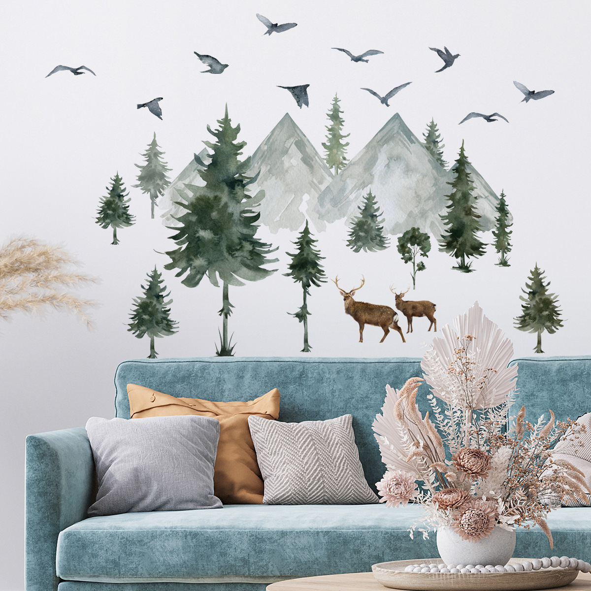 Watercolor painting of mountains rivers and forests Wall Sticker Deep Mountain Elk Decals Living Room Decorative Wallpaper