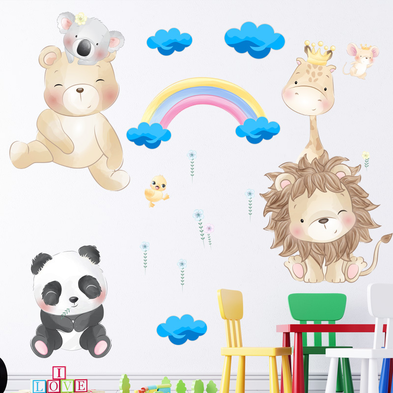 Cartoon Animals Lion Panda Bear Wall Stickers Blue Clouds Rainbow Wallpaper For Children' Room Kid's Bedroom Creative Wall Decal