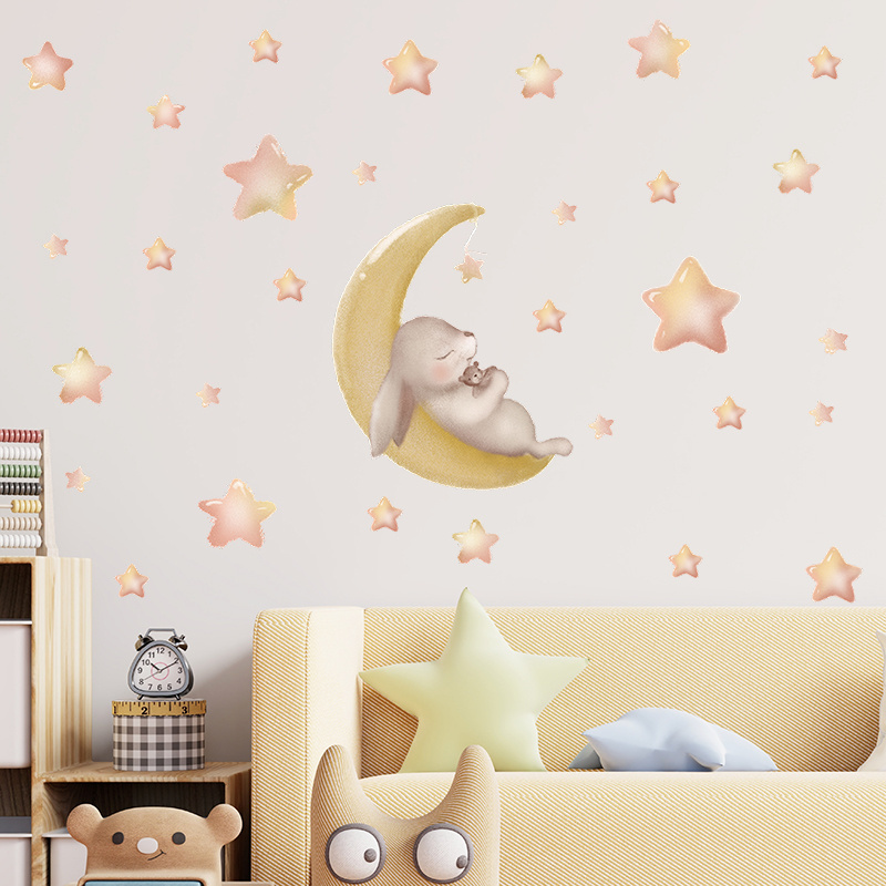 Sleeping Rabbit Cartoon Stickers Moon Stars Wallpaper Bedroom Decorative Decals For Kids Self Adhesive TV Background Murals