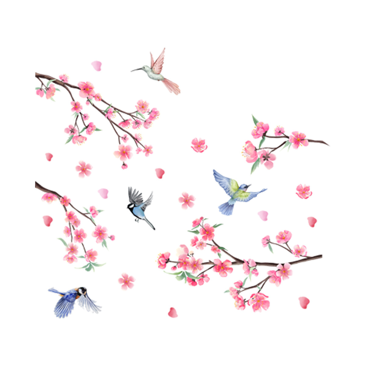 New Design Pink Flowers Wall Sticker Blue Birds Murals Self Adhesive Bedroom Decals Living Room Wallpaper Decorative Home Decor