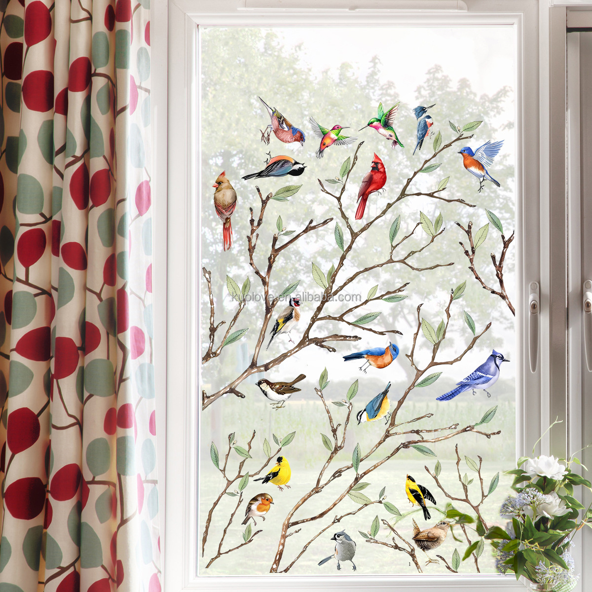 Chinoiserie branches and birds Wall Sticker Green branches and leaves  Decals  Living Room Decorative Wallpaper