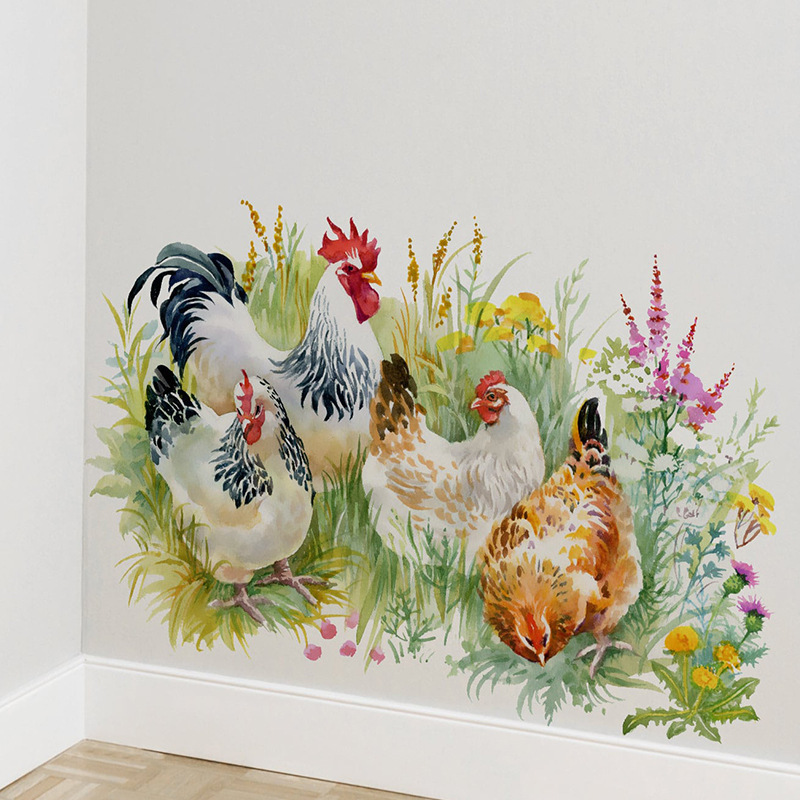 Chinese style chicken flock Wall Sticker Pastoral Grass Chicken Decals  Living Room Decorative Wallpaper