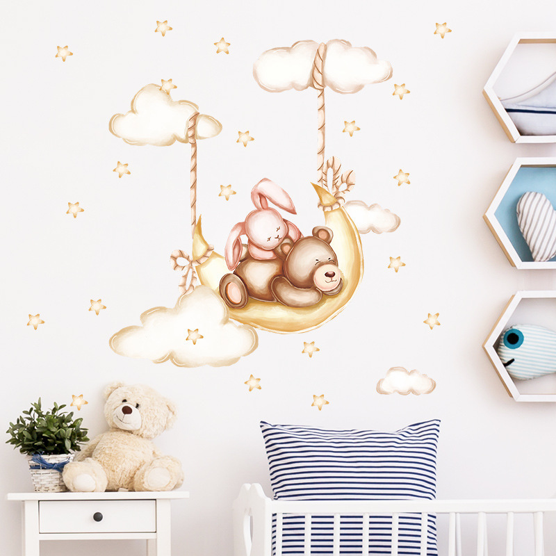 Sleeping Bear Rabbit Wall Sticker Self Adhesive Clouds Stars Bedroom Decals Creative Kid's Living Room Decorative Wallpaper