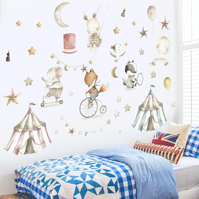 Animals Circus Sticker Cartoon Fox Rabbits Decals Creative Kid's Bedroom Wallpaper Self Adhesive Living Room Decorative Murals