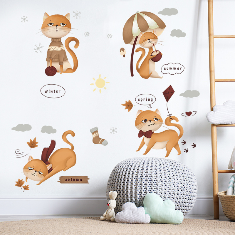 Cartoon Cats Wall Sticker Spring Summer Autumn Winter Decals Bedroom Murals Creative Living Room Decorative Wallpaper