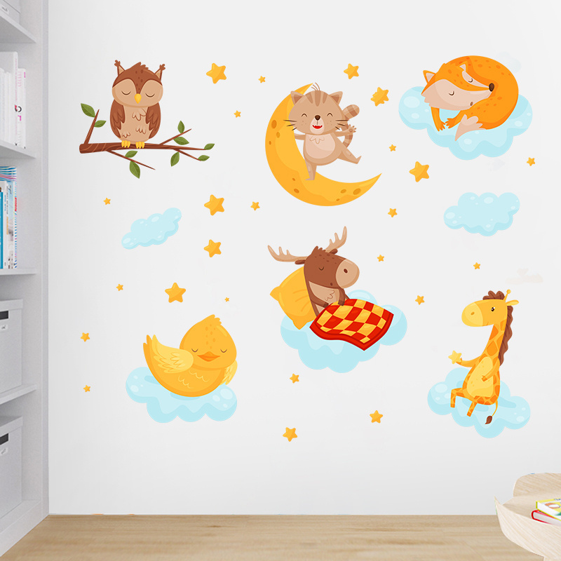 Cartoon Animals Wall Sticker Creative Owl Cat Fox Wallpaper Elk Giraffe Bedroom Decals Living Room Decorative Wallpaper