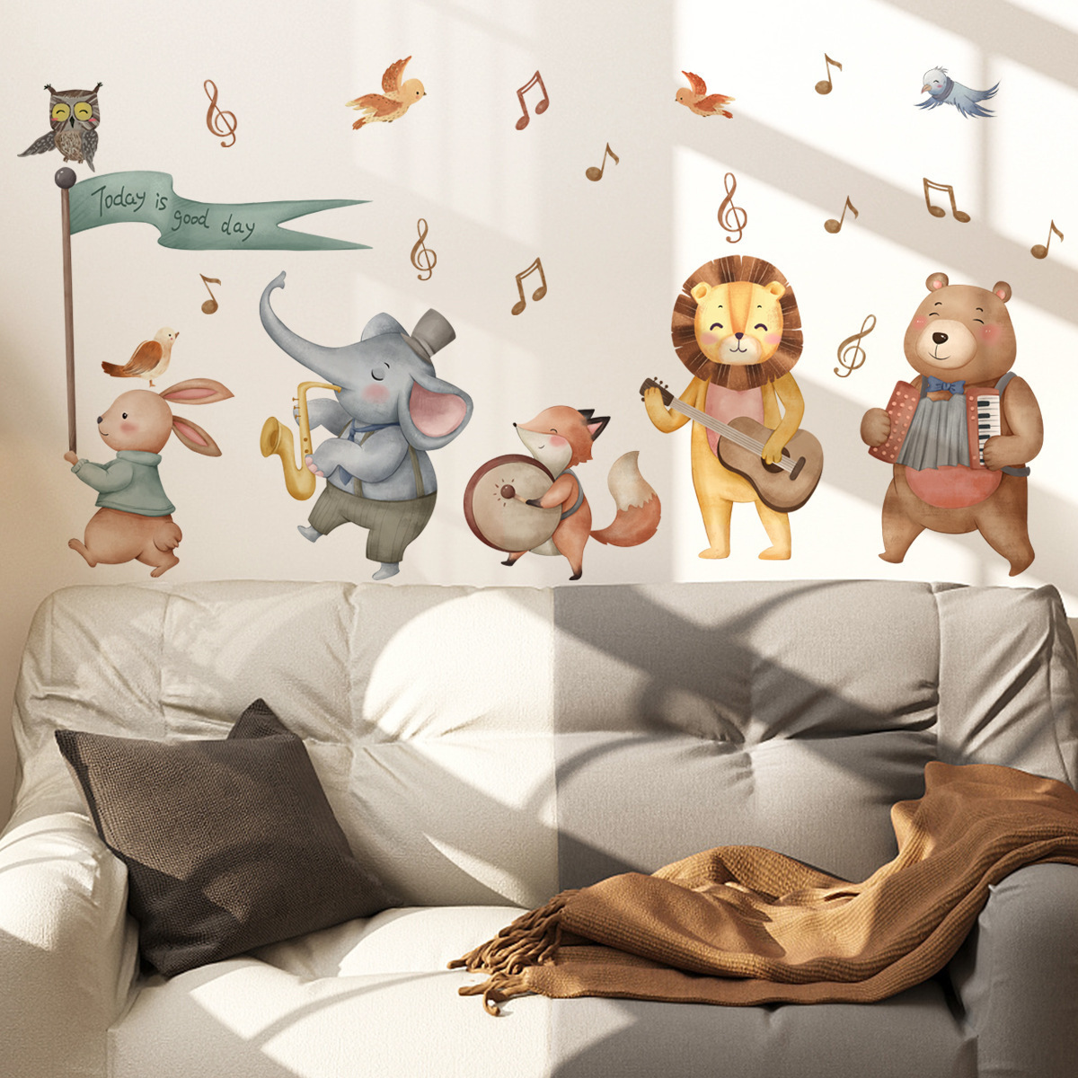 Cartoon Animal Band Wall Sticker Cartoon bird note Decals Living Room Decorative Wallpaper