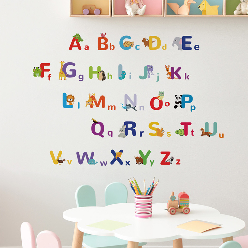 Cartoon animals Wall Sticker 26 large and small English letters Decals Living Room Decorative Wallpaper