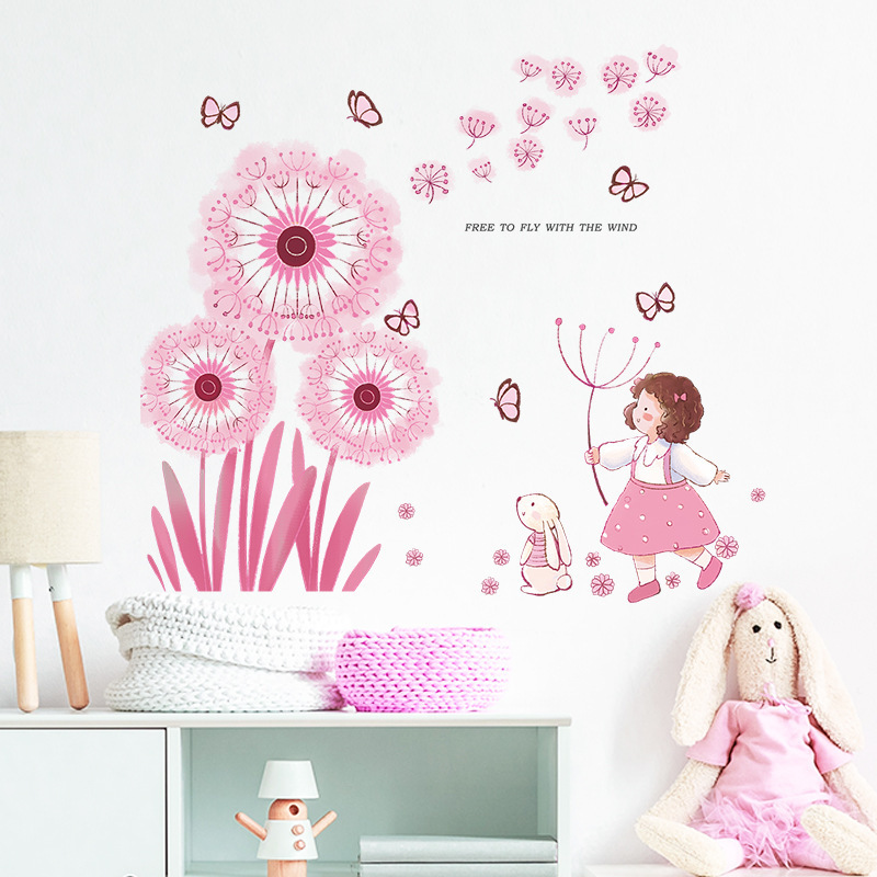 Pink Dandelion Butterfly Wall Sticker Cartoon Girl Rabbit Decals Creative Kid's Living Room Decorative Wallpaper