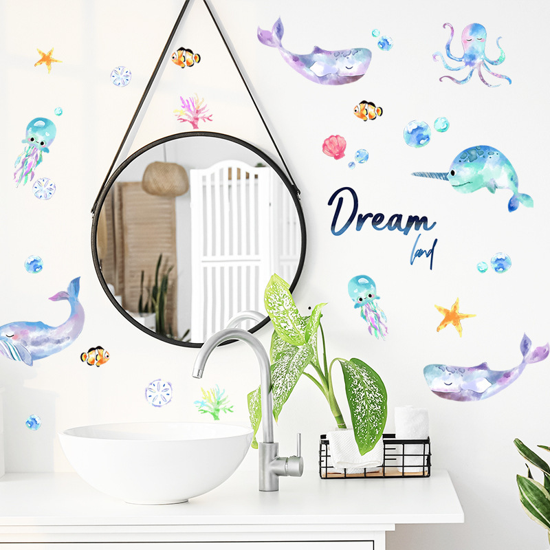 Fantastic Underwater World Wall Sticker Cartoon jellyfish fish Decals  Living Room Decorative Wallpaper