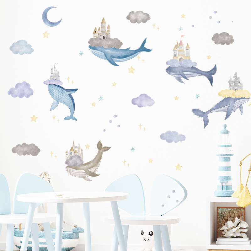 Cartoon Whale Wall Sticker Dream Castle Clouds Decals Living Room Decorative Wallpaper