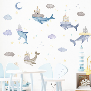 Cartoon Whale Wall Sticker Dream Castle Clouds Decals Living Room Decorative Wallpaper