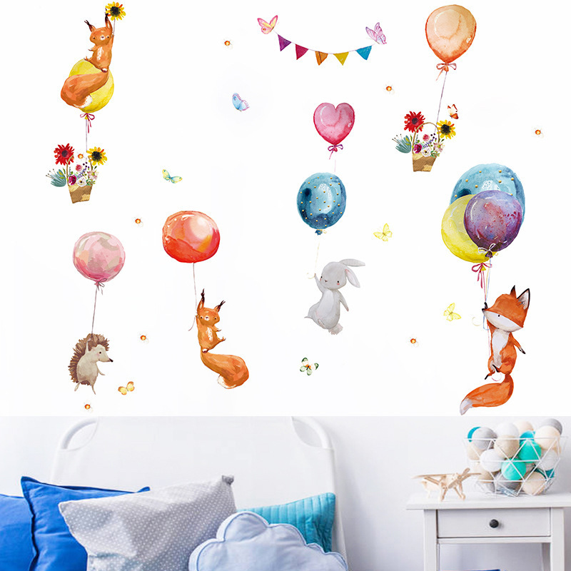 Cartoon Fox Bunny Hedgehog Wall Mural Colorful Balloons Flowers Basket Wallpaper For Kid's Bedroom Kindergarten Decor Stickers