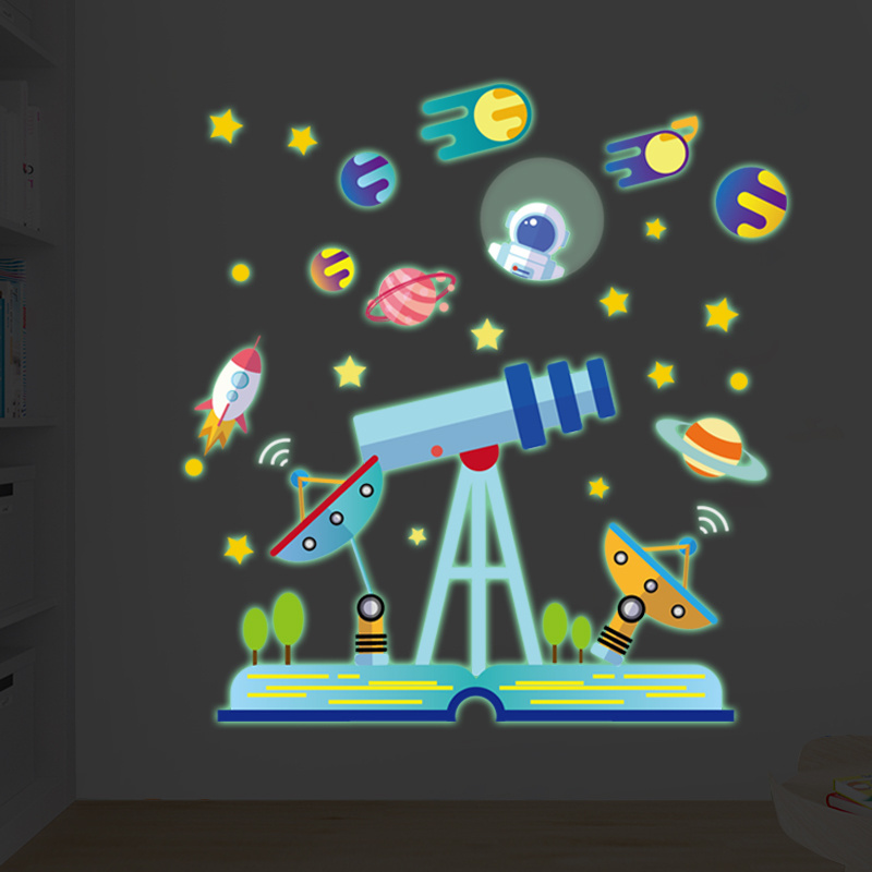 Cartoon Telescope Planet Wallpaper Luminous Stickers Home Decoration For Living Room Bedroom Sofa Background Decor Wall Decal