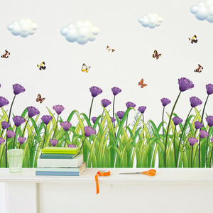 Purple Small Flowers Dandelion Wall Stickers Colorful Butterflies White Clouds Wall Decal Warm Decorative Wallpaper For Bedroom