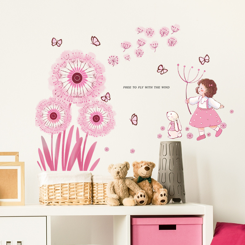 Pink Dandelion Butterfly Wall Sticker Cartoon Girl Rabbit Decals Creative Kid's Living Room Decorative Wallpaper