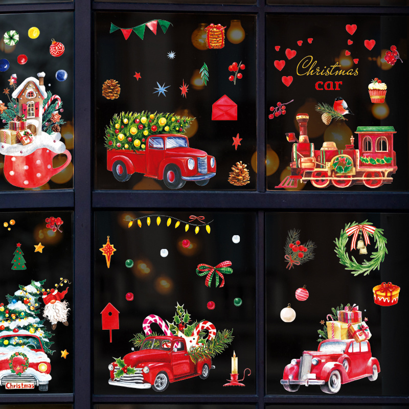 Hot Sale Christmas Party Sticker Red Cars Xmas Tree Decorative Wallpaper Self Adhesive Festival Supply Window Wall Decal