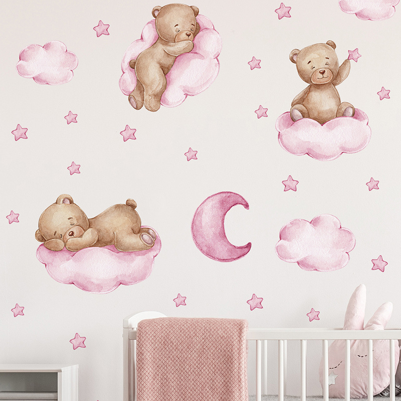 Pink Clouds Stars Wall Sticker Cartoon Bear Decal Cute Kid's Bedroom Cartoon Wallpaper Creative Living Room Decorative Murals