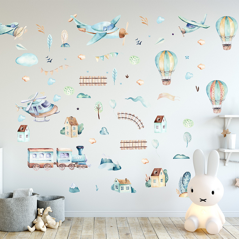 Cartoon Air Plane Hot Air Balloons Wallpaper Creative Bay's Bedroom Wall Decal Kid's Living Room Decorative Stickers Home Decor