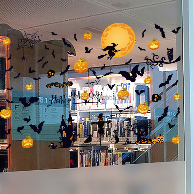 Halloween horror atmosphere pumpkin bat witch wall stickers living room bedroom vitrine decoration wallpaper