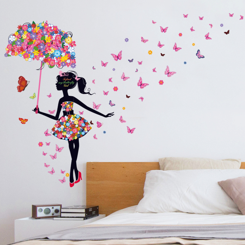 The Beauty With Colorful Butterflies Wall Stickers Elegant Women With Butterfly Dress And Umbrella Wallpaper Romantic Home Decor