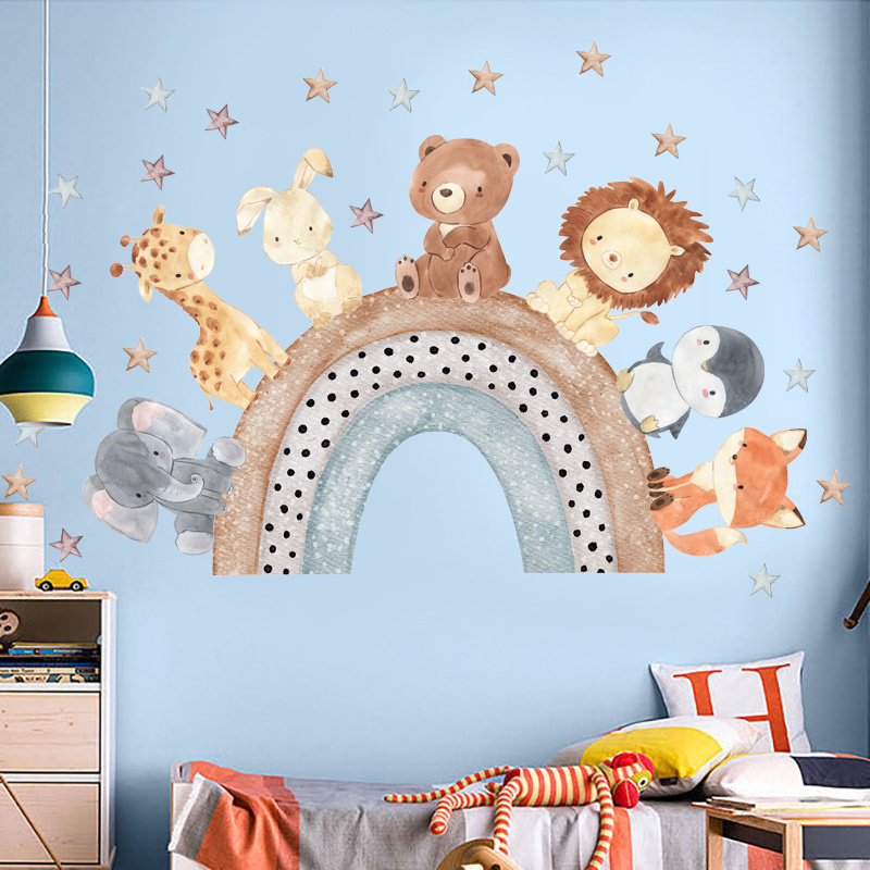 Lion Fox Rabbits Stickers Cartoon Animals Decals Rainbow Stars Bedroom Wallpaper Self Adhesive Living Room Decorative Murals