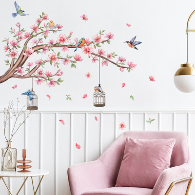 Peach Blossom Branch Bird Cage Wall Sticker Peach Blossoms Falling from Birds Decals Living Room Decorative Wallpaper