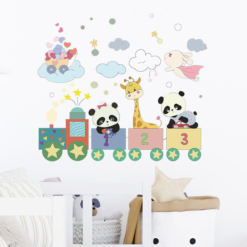 Cartoon Animals Train Wall Sticker Self Adhesive Panda Giraffe Decals Creative Kid's Living Room Decorative Wallpaper