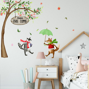 Cute Fox And Palm Civet Wall Sticker Enjoy The Time Wallpaper For Kid's Bedroom Cartoon Wall Mural For Kindergarten Home Decor