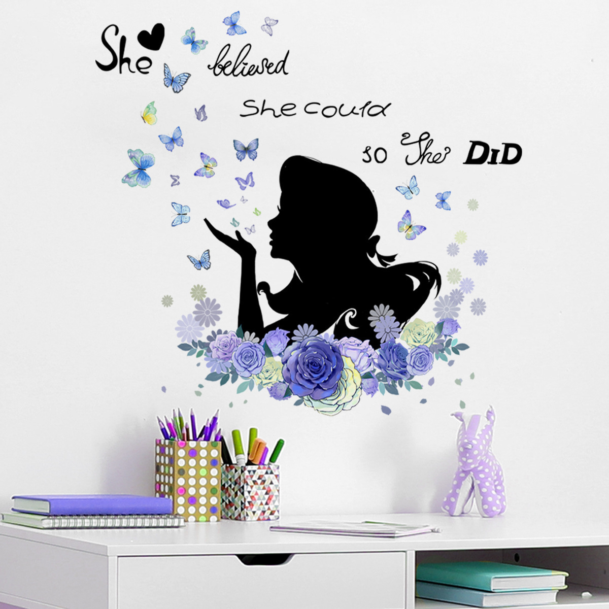 Purple Flower Blue Butterflies Girl Silhouette Mural Self Adhesive Bedroom Decals Living Room Wallpaper Decorative Home Decor