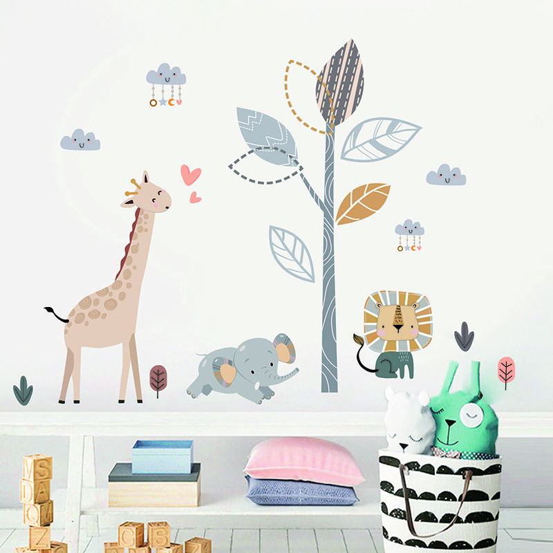 Cartoon Giraffe Elephant Wall Sticker Self Adhesive Cute Decals Creative Kid's Bedroom Wallpaper Children's Decorative Murals