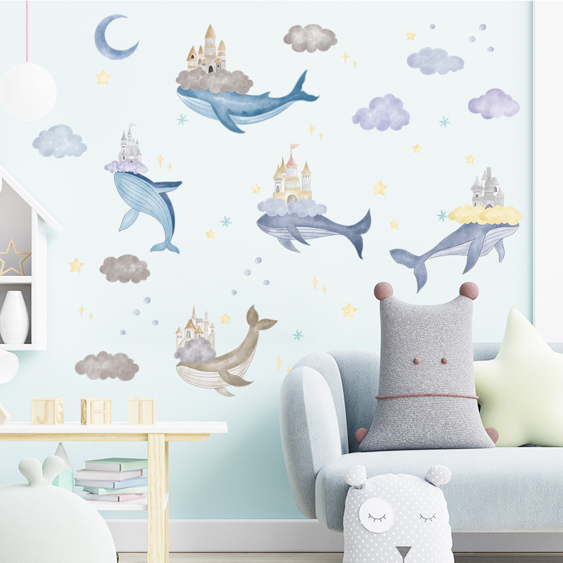 Cartoon Whale Wall Sticker Dream Castle Clouds Decals Living Room Decorative Wallpaper