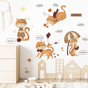 Cartoon Cats Wall Sticker Spring Summer Autumn Winter Decals Bedroom Murals Creative Living Room Decorative Wallpaper