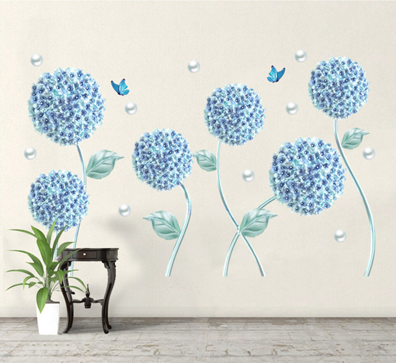 Blue Hydrangea Dandelion Butterfly Wall Decal White Pearl Wallpaper For Living Room Bedroom Home Decor TV Background Sticker