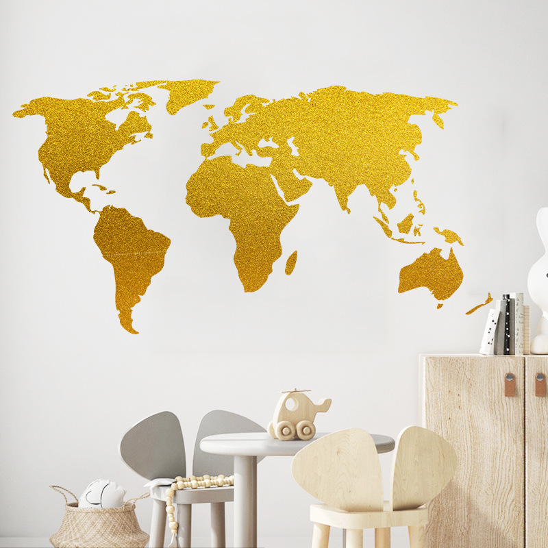 Gold World Map Wall Stickers Seven Continents Wallpaper For Kid's Bedroom Living Room Modern Style Home Decor Wall Decal