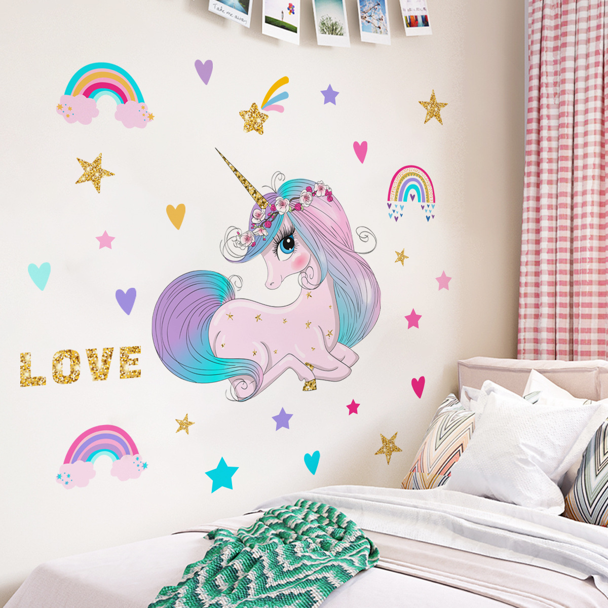 Cartoon Unicorn Wall Sticker Rainbow Stars Decals Living Room Decorative Wallpaper