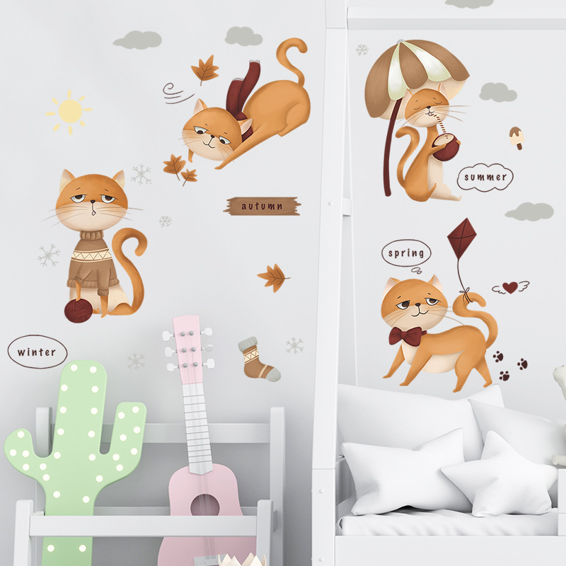 Cartoon Cats Wall Sticker Spring Summer Autumn Winter Decals Bedroom Murals Creative Living Room Decorative Wallpaper