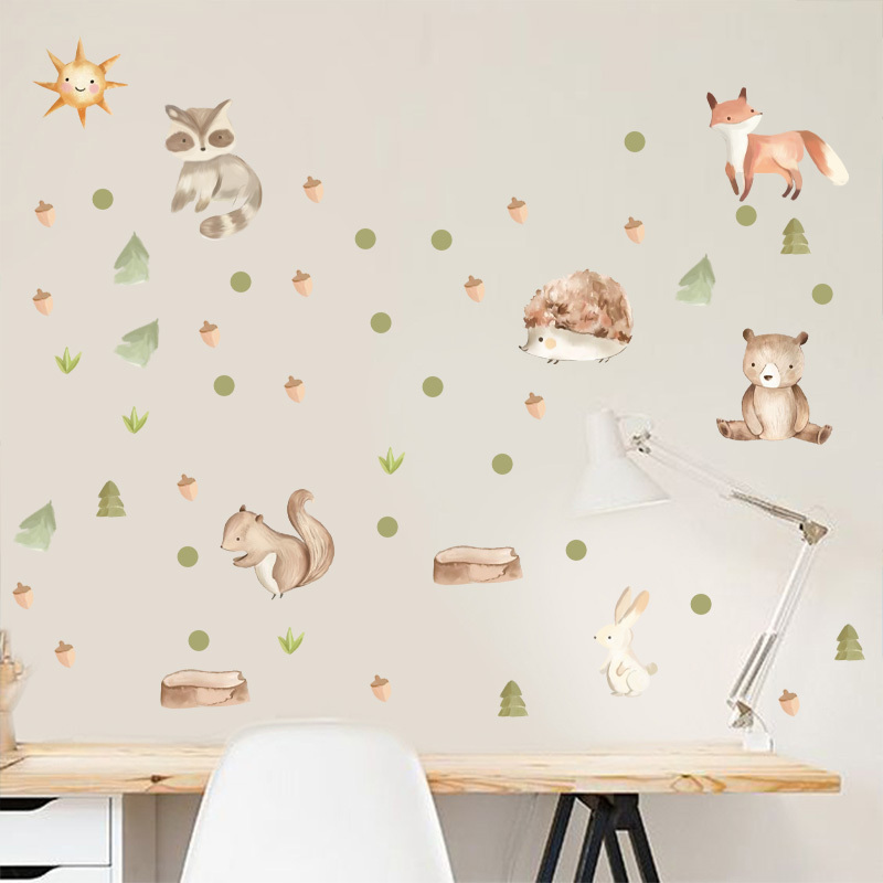 Cute Forest Animals Wall Sticker Cartoon Fox Bear Squirrel Hedgehog Wallpaper For Kid's Bedroom Kindergarten Creative Wall Decal