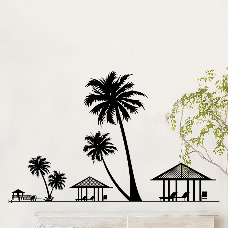 Seaside Resort Wall Sticker Beach Coconut Trees Wallpaper Creative Bedroom Decals Living Room Decorative Murals