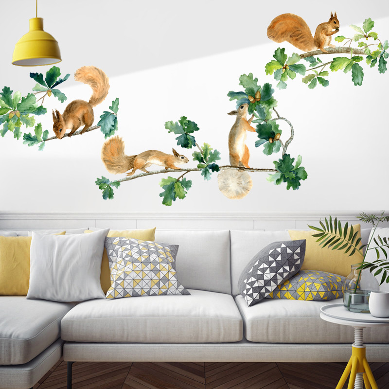 Lovely Squirrel Wall Mural Green Leaves Tree Branch Stickers Home Decor Wallpaper For Kids Living Room Bedroom Decor Wall Decal