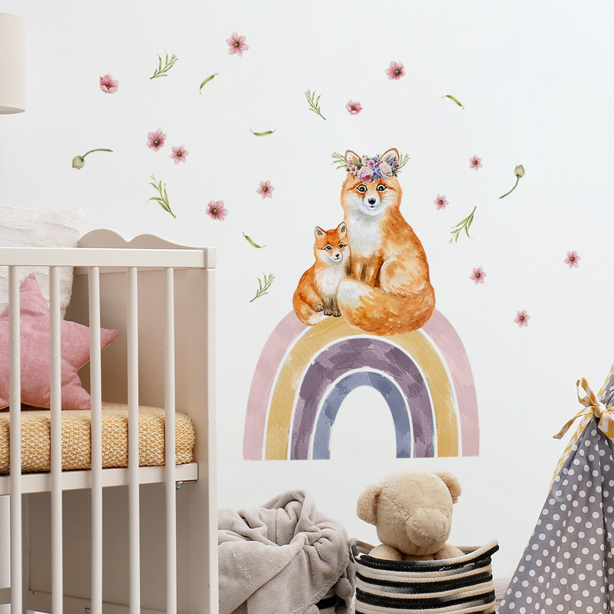 Fox Rainbow Flowers  Wall Sticker Self-adhesive And Removable Wallpaper Living Room Decals