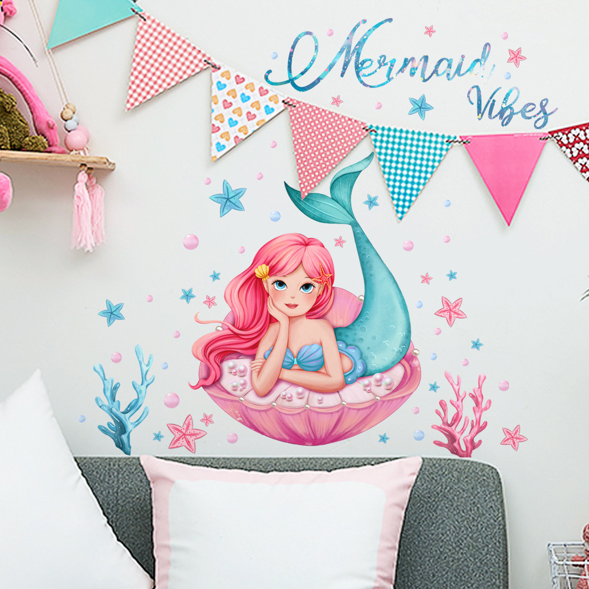 Beautiful Mermaid Wall Sticker Cartoon Shell Coral Decals Living Room Decorative Wallpaper