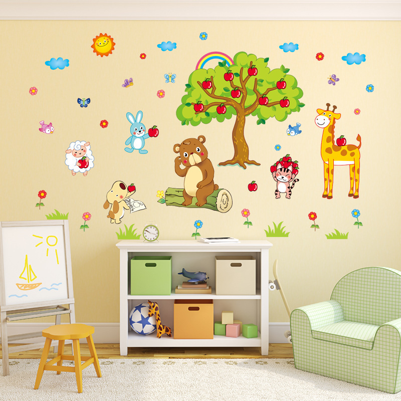 Cute Forest Animal Cartoon Stickers Creative Kid's Bedroom Wallpaper Self Adhesive Children's Living Room Decorative Wall Decal