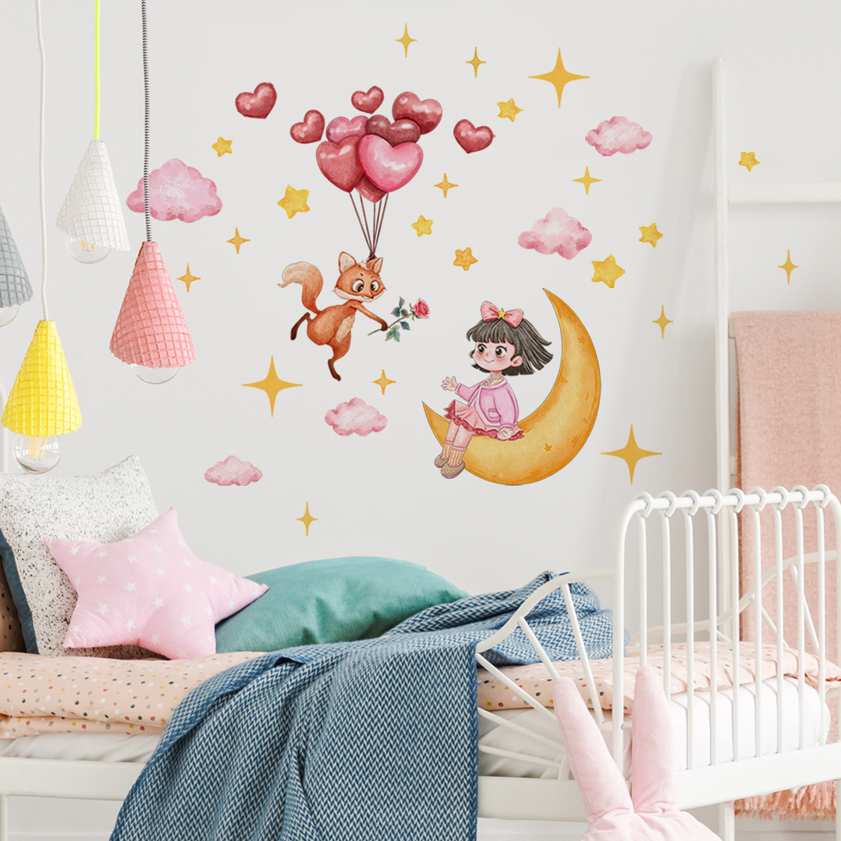 Fox Stars Heart-shaped Balloon Lovely Girl On The Moon Wall Sticker Self-adhesive And Removable Wallpaper